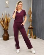 Kadın Kısa Kollu V Yakalı Viskon Iki Iplik Bluz Ve Pantolon Ikili Takım - Görsel 3