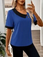 Kadın Kısa Kollu Asımetrik Yaka Detaylı Düğmeli Dubai Bluz - Görsel 2