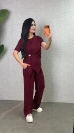Kadın Kısa Kollu Bisiklet Yaka Yandan Toka Detaylı Viskon Iki Iplik Bluz Ve Pantolon Ikili Takım - Görsel 2
