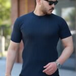 Erkek Bisiklet Yaka örgü Desenli Kısa örme Triko Kısa Kollu T-shirt