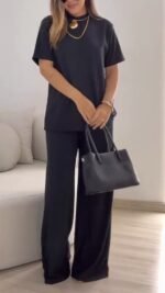 Kadın Kısa Kollu Bisiklet Yaka Viskon Iki Iplik Bluz Ve Pantolon Ikili Takım - Görsel 3