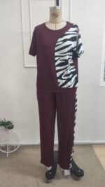 Kadın Kısa Kollu Bisiklet Yaka Zebra Desen Bluz Ve Pantolon Ikili Takım - Görsel 4