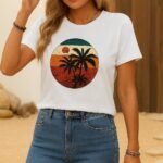Kadın Kısa Kollu Palmiye Baskılı Viskon T-shirt