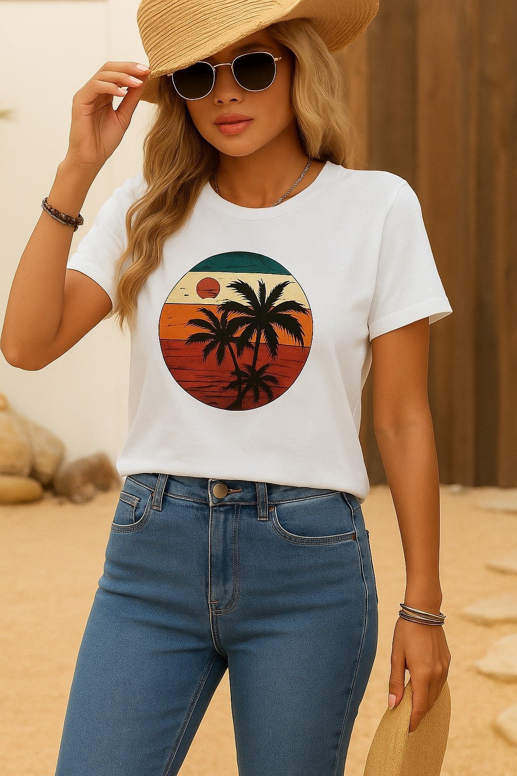 859344d806381836677828185323f151.jpeg Kadın Kısa Kollu Palmiye Baskılı Viskon T-shirt - Görsel 1