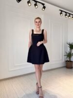 Kadın Omuz Askılı Kare Yaka Ithal Atlas Kumas Mini Elbise