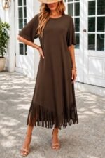 Kadın Kısa Kollu Bisiklet Yakalı Püskül Zikzak şekilli Midi Viskon Elbise - Görsel 2