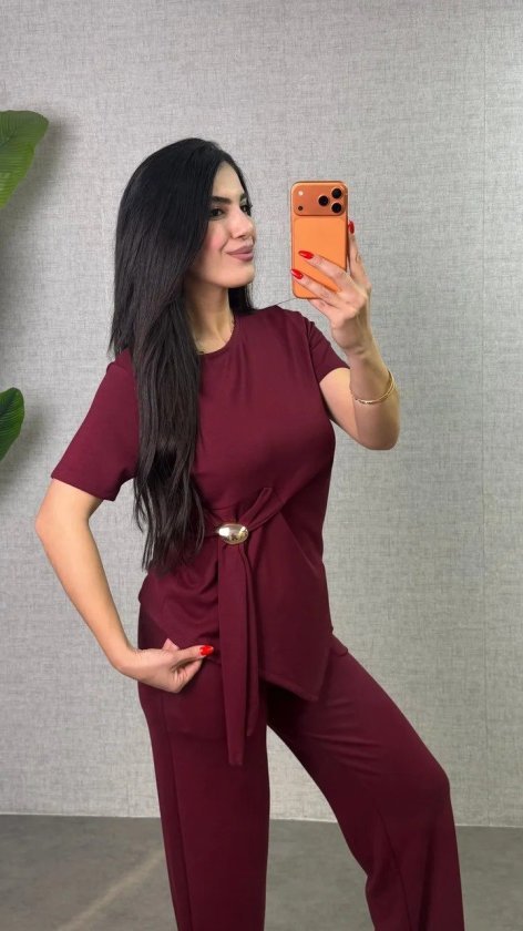 Kadın Kısa Kollu Bisiklet Yaka Yandan Toka Detaylı Viskon Iki Iplik Bluz Ve Pantolon Ikili Takım Kadın Kısa Kollu Bisiklet Yaka Yandan Toka Detaylı Viskon Iki Iplik Bluz Ve Pantolon Ikili Takım - Görsel 1