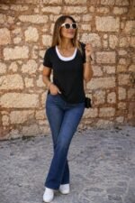 Kadın Kısa Kollu Yuvarlak Yakalı çift Renkli Viskon Bluz - Görsel 3