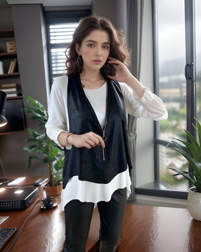 9075286fba680304bff47d389466da04.png Kadın Uzun Kol Asimetrik Kesim Viskon Bluz Ve çatlak Deri Görünümlü Fermuar Detaylı Yelek Ikili Takım - Görsel 1