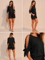 Kadın Kısa Kollu Bisiklet Yaka Yarı Açık Omuz Inci Detaylı şort T-shirt Viskon Ikili Takım - Görsel 4