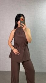 Kadın Halter Yaka Beli Kuşak Detaylı Ikili Takım - Görsel 2