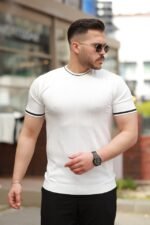 Erkek Bisiklet Yaka çizgi Desenli Ribanalı Kısa Kollu Tshirt