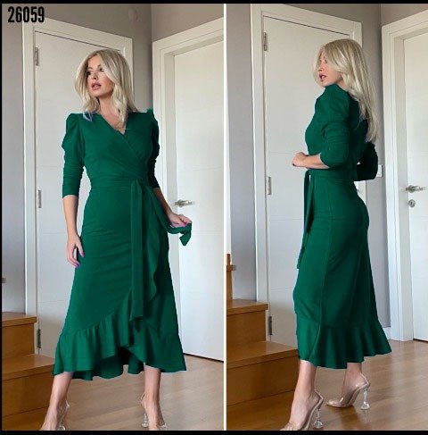 958dcd9aed7bebba509e9bc57462026a.jpeg Kadın Yeşil Krep Kumaş Midi Boy Kuşaklı Uzunkol Elbise - Görsel 1