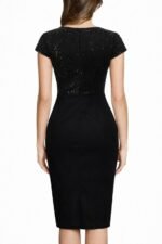 Kadın Kısa Kollu Kruvaze Yakalı ışıltı Detaylı Midi Ithal Krep Elbise - Görsel 3