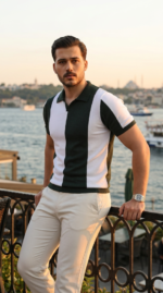Erkek Kısa Kollu Polo Yakalı Blok Desenli Triko Bluz
