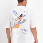 Erkek Melek Baskılı Oversize T-shirt - Beyaz