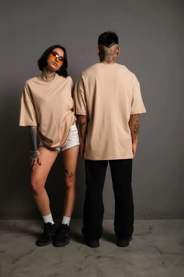 TY65d49d01af70865d49d01af70b.webp Erkek 24/1 Düz A Kalite Oversize T-shirt - Bej - Görsel 1