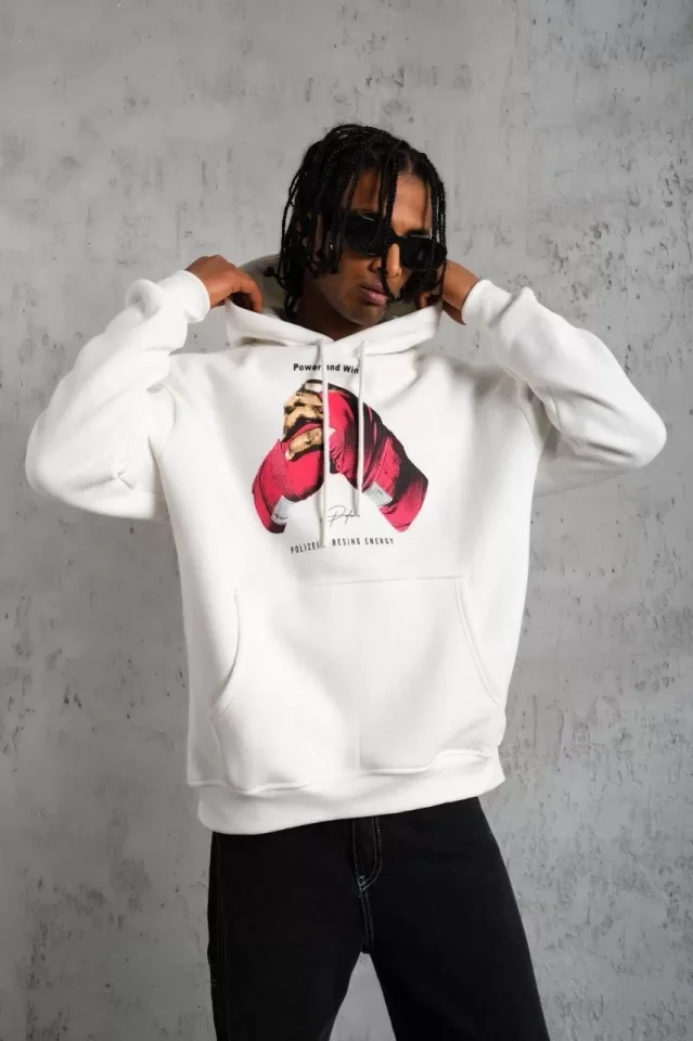 TY65d4a019b5c4765d4a019b5c49.webp Erkek Eldiven Baskılı Kapüşonlu Sweat - Beyaz - Görsel 1