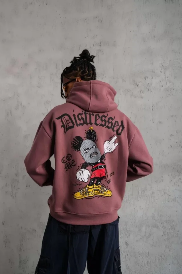 TY65d4a049bd2af65d4a049bd2b0.webp Erkek Üç İplik Baskılı Kapüşonlu Sweat - Gül Kurusu - Görsel 1