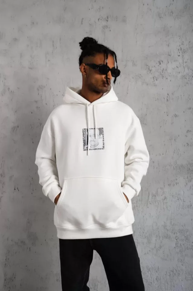 TY65d4a2d592fbd65d4a2d592fc0.webp Erkek Ön Arka Baskılı Kapşonlu Sweat - Beyaz - Görsel 1