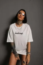 Bisiklet Yakalı Sırt Baskılı Oversize T-Shirt - Beyaz - Görsel 2