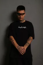 Erkek Bisiklet Yakalı Sırt Baskılı Oversize T-Shirt - Siyah - Görsel 2