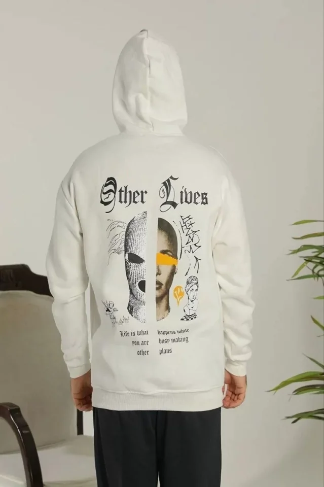 TY65d4a5683a73765d4a5683a739.webp Erkek Sırt Baskılı Oversize Üç İplik Kapüşonlu Sweatshirt - Beyaz - Görsel 1