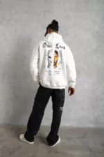 Erkek Sırt Baskılı Oversize Üç İplik Kapüşonlu Sweatshirt - Beyaz - Görsel 4