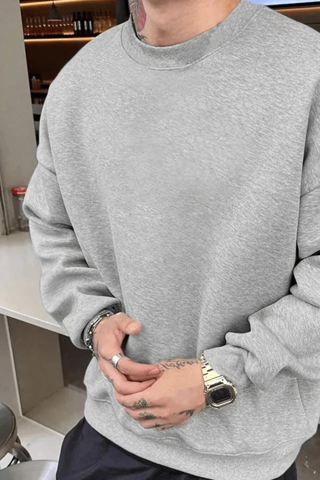 TY65d4ae4052bd965d4ae4052bdc.webp Erkek Düz Bisiklet Yaka Sweat - Gri - Görsel 1