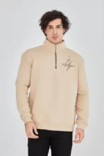 Erkek Yarım Fermuarlı Baskılı Sweat - Bej - Görsel 2