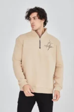 Erkek Yarım Fermuarlı Baskılı Sweat - Bej - Görsel 3