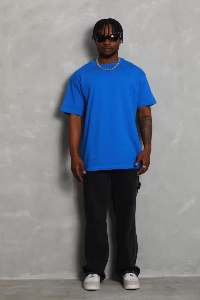 TY65d4bf5e7933165d4bf5e79332.webp Unisex Oversize Düz Bisiklet Yaka T-Shirt - Mavi - Görsel 1