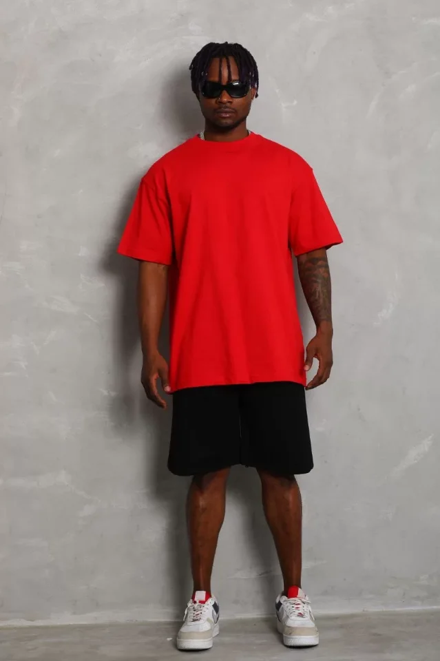 TY65d4bf8ff0f1765d4bf8ff0f18.webp Unisex Oversize Düz Bisiklet Yaka T-Shirt - Kırmızı - Görsel 1