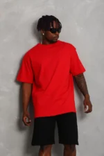 Unisex Oversize Düz Bisiklet Yaka T-Shirt - Kırmızı - Görsel 4