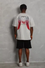 Unisex Oversize Baskılı Bisiklet Yaka T-Shirt - Gri - Görsel 2