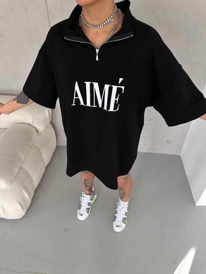 TY65dfa3b4bd5ea65dfa3b4bd5ec.webp Unisex Yarım Fermuarlı Baskılı T-Shirt - Siyah - Görsel 1