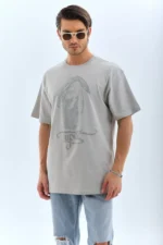 Unisex Oversize Taşlı Bisiklet Yaka T-Shirt - Gri - Görsel 4