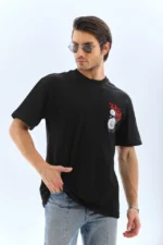 Unisex Oversize Baskılı Bisiklet Yaka T-Shirt - Siyah - Görsel 3