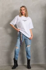 Unisex Baskılı Oversize T-Shirt - Beyaz - Görsel 4