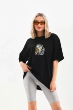 Unisex Baskılı Oversize T-Shirt - Siyah - Görsel 2