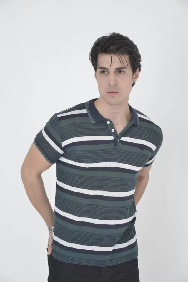 TY65f0cd9fd93b065f0cd9fd93b1.webp Erkek Yakalı Slim Fit Dokuma Çizgili T-Shirt - Haki - Görsel 1