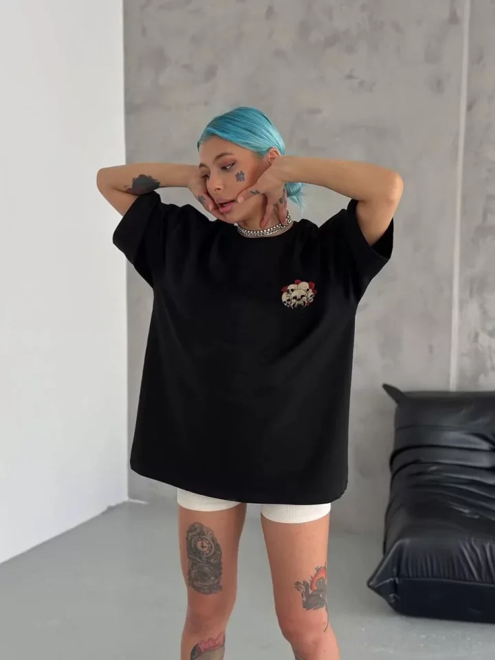 TY663a9aa682fb6663a9aa682fb8.webp Unisex Bisiklet Yaka Baskılı Oversize T-Shirt - Siyah - Görsel 1