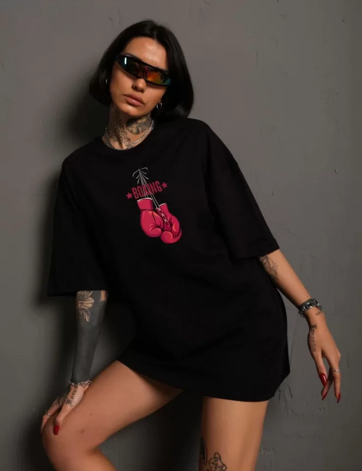 TY663a9ab55c470663a9ab55c472.webp Unisex Bisiklet Yaka Baskılı Oversize T-Shirt - Siyah - Görsel 1