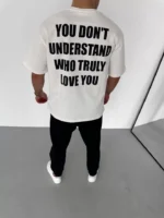 Unisex Bisiklet Yaka Baskılı Oversize T-Shirt - Beyaz - Görsel 3