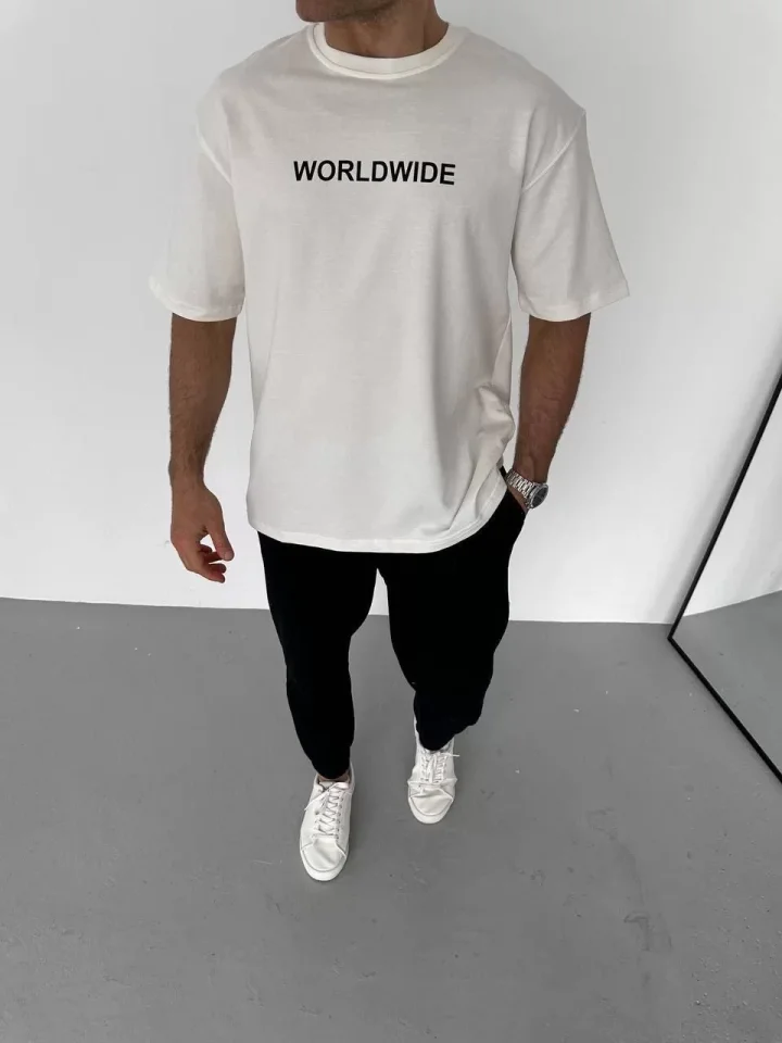 TY663a9b1a1d672663a9b1a1d675.webp Unisex Bisiklet Yaka Baskılı Oversize T-Shirt - Beyaz - Görsel 1