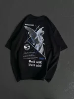 Unisex Bisiklet Yaka Baskılı Oversize T-Shirt - Siyah - Görsel 2