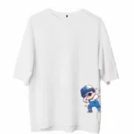 Unisex Bisiklet Yaka Baskılı Oversize T-Shirt - Beyaz