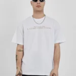 Unisex Bisiklet Yaka Baskılı Oversize T-Shirt - Beyaz