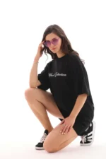 Unisex Bisiklet Yaka Baskılı Oversize T-Shirt - Siyah - Görsel 3