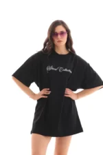 Unisex Bisiklet Yaka Baskılı Oversize T-Shirt - Siyah - Görsel 4
